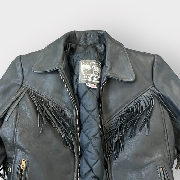 Vintage California Creations Black Fringe Leather Biker Jacket Sz 14 Motorcycle - Picture 3 of 9